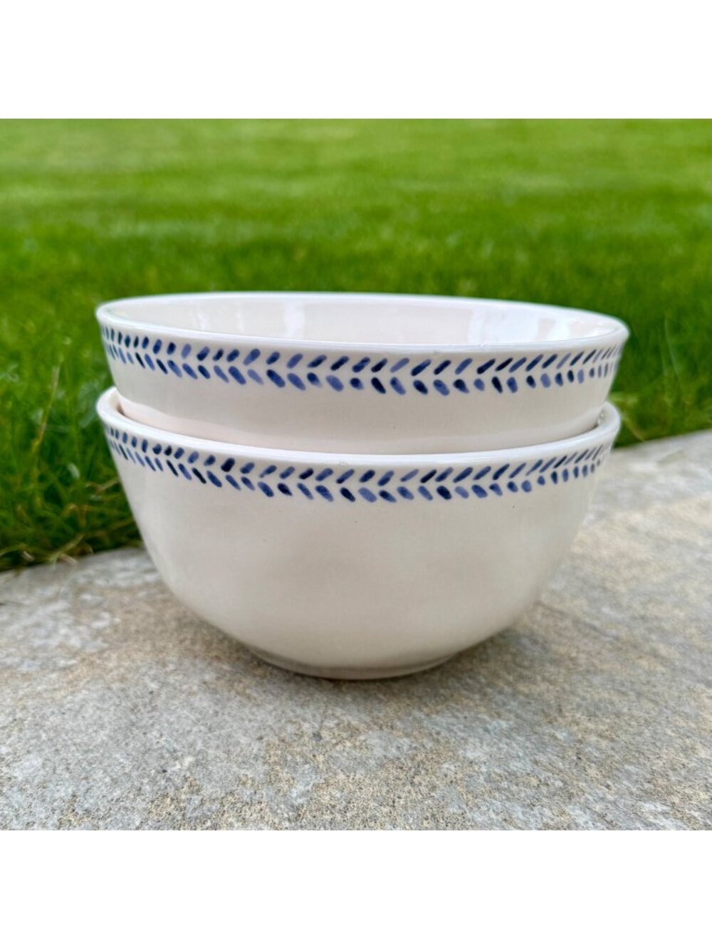 Pier 1 Blue Trim White Dimpled Bowls Set of Two Cereal Size - Picture 4 of 4